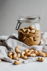 Poster - Creamy cashew butter in a glass jar with cashews on a linen cloth creating a delicious and healthy snack food photography with a bright and inviting mood