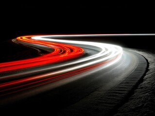 Poster - Dynamic trails of light painting a winding road at night creating a sense of speed and motion with a dark background and a low angle shot in a modern style