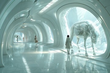 Poster - a person looks at a see through equine structure in a white corridor