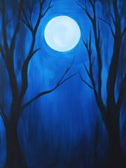Poster - Ethereal moonlit nightscape painting with silhouetted trees casting shadows in deep blue hues creating a serene and mystical ambiance for tranquil contemplation