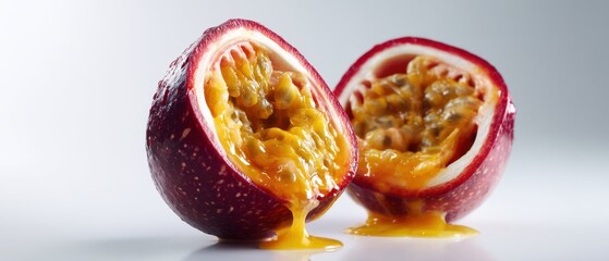 Poster - Passion fruit halves on a white surface showcasing vibrant colors and juicy pulp in a captivating studio shot with a clean background and soft lighting