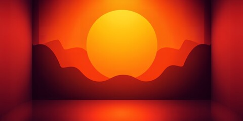 Poster - A vibrant orange sunset over layered hills in a minimalist abstract rendering style scene