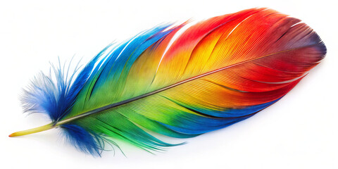 Poster - A beautifully detailed feather displays a stunning array of colors including red, blue, and green. The feather's intricate patterns and textures stand out vividly against the white backdrop