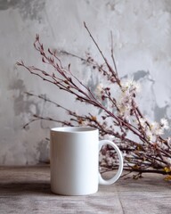Poster - Elegant white mug mockup with delicate floral arrangement on rustic wooden table against textured background perfect for showcasing designs