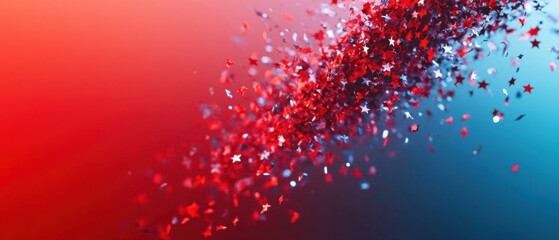 Poster - Festive red and blue star confetti explosion on gradient background creating a celebratory mood and dynamic visual perfect for holiday themes and patriotic designs