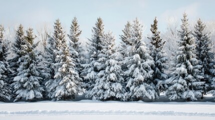 Poster - Serene winter landscape featuring snow covered coniferous trees under a soft blue sky creating a peaceful and scenic view with a cold and tranquil atmosphere