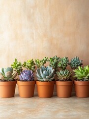 Poster - Row of Diverse Succulents in Terracotta Pots Against a Textured Beige Background Creates a Serene and Natural Indoor Garden Setting with Soft Lighting