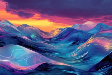 Poster - futuristic waves create a mesmerizing digital landscape under a vibrant sunset sky, futuristic waves
