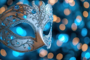 Poster - Closeup of a silver masquerade mask with glowing blue lights and intricate design details, A close-up of a silver masquerade mask with glowing blue accents against a bokeh background