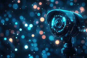 Aufkleber - Futuristic glowing blue security camera with bokeh lights at night, A futuristic, glowing blue security camera against a dark background with bokeh lights
