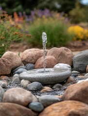 Poster - Serene garden water feature with a stone fountain surrounded by rocks and colorful flowers creating a peaceful and tranquil atmosphere perfect for relaxation and meditation