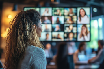 Poster - woman with long hair is looking at a computer screen with a group of people on it. Concept of connection and collaboration, as the woman is engaged in a meeting or discussion with the others