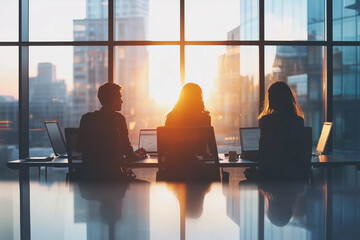 Poster - Three people are sitting at a table in a window with the sun shining through. They are all working on their laptops
