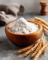 Poster - Rustic wooden bowl filled with pristine white flour surrounded by golden wheat stalks on a textured gray surface capturing the essence of baking and wholesome ingredients