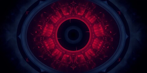 Poster - A close up of a dark circle with red light emanating from it in a dark environment