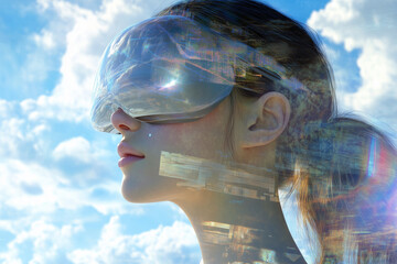 Poster - woman wearing a pair of virtual reality goggles is looking up at the sky. The sky is blue with a few clouds