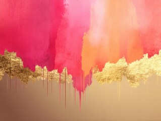 Poster - Abstract watercolor painting with vibrant pink and orange hues blending into a golden texture creating an elegant and modern backdrop for artistic expression