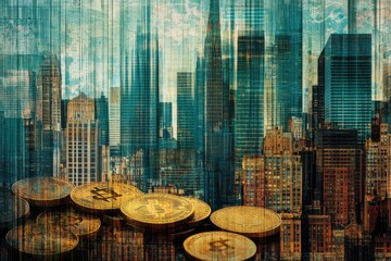Poster - Urban landscape blending business finance with cryptocurrency graphics in a modern city, Business and finance blend urban scene with graphs and coins, room for text