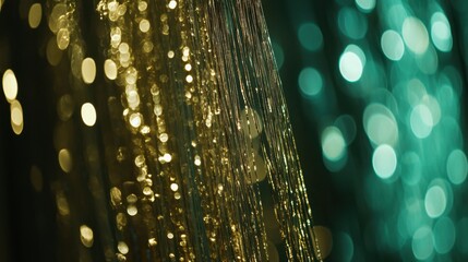 Poster - Ethereal strands of shimmering gold cascade against a backdrop of turquoise bokeh creating a magical and festive ambiance with a dreamy and abstract style