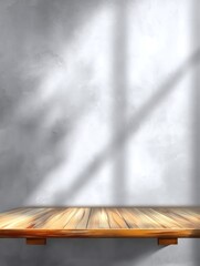 Poster - Wooden shelf against a gray wall with natural light creating shadows for product display or mockup background with a minimalist and modern aesthetic for advertising