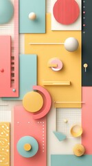 Poster - Geometric composition in pastel colors with circles squares and other shapes creating a modern abstract design for backgrounds and design projects with a playful mood