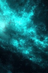Poster - Ethereal teal nebula with cosmic dust and starlight creating a celestial tapestry of the universe in a dark background with a dreamy and mysterious mood