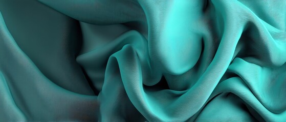 Poster - Elegant turquoise fabric texture with flowing folds creating a soft and luxurious visual effect for backgrounds and designs showcasing depth and subtle movement