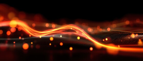 Poster - Abstract fiery wave with glowing particles on dark backdrop creating a dynamic and energetic visual effect perfect for modern tech innovation and futuristic concepts