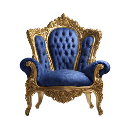 Poster - Baroque-style armchair with ornate gilded frame and royal blue fabric isolated on a empty plain background