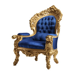 Poster - Baroque-style armchair with ornate gilded frame and royal blue fabric isolated on a empty plain background
