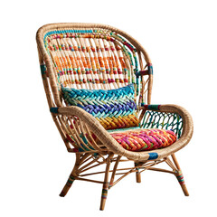 Poster - Bohemian rattan armchair with colorful woven patterns isolated on a empty plain background