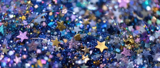 Poster - Captivating glitter stars in cosmic blue and gold a mesmerizing macro photograph evoking celestial wonder and festive sparkle for creative designs