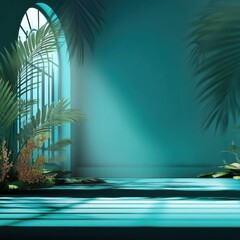 Poster - Serene teal interior with graceful palm leaves casting shadows near arched window creating a tranquil scene ideal for product placement and tropical elegance