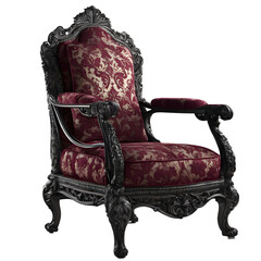 Poster - Gothic revival armchair with dark iron frame and heavy burgundy brocade isolated on a empty plain background
