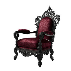 Poster - Gothic revival armchair with dark iron frame and heavy burgundy brocade isolated on a empty plain background
