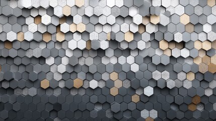 Poster - Geometric elegance of hexagonal tiles in gray and gold shades creating a captivating textured background with an abstract and modern design for creative projects