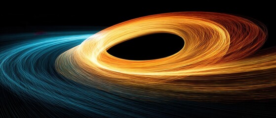 Poster - Abstract light painting with dynamic swirling lines of blue and gold creating a mesmerizing vortex on a dark black background for modern design
