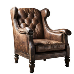 Poster - Rustic country-style armchair with distressed leather and wooden arms isolated on a empty plain background