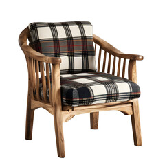 Poster - Simple rustic pinewood armchair with plaid wool seat cushion isolated on a empty plain background