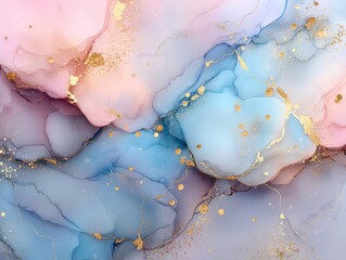 Poster - Ethereal watercolor texture in pastel pinks and blues with shimmering gold accents creating a dreamy and luxurious abstract background for artistic projects