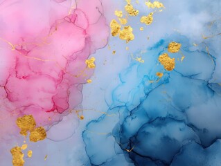 Poster - Abstract fluid art painting with pink and blue alcohol ink and golden foil accents creating a dreamy and ethereal watercolor texture on a light background