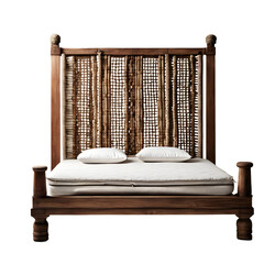Poster - Ancient Roman-style low wooden bed with simple woven mattress, isolated on a empty plain background