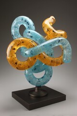 Poster - Elegant intertwined glass sculpture of blue and amber rings on a pedestal artistic creation modern art abstract design intricate detail studio shot contemporary style
