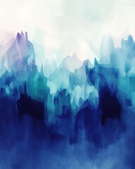 Poster - Serene watercolor landscape painting of misty mountains in shades of blue and purple creating a calming and peaceful atmosphere with an artistic and abstract style
