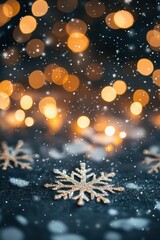 Poster - Festive winter scene with shimmering snowflakes and bokeh lights creating a magical holiday atmosphere capturing the essence of warmth and celebration in a dark background
