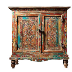 Poster - Traditional Indian painted teak wood cabinet with vibrant colors, isolated on a empty plain background