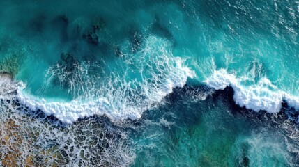 Poster - Aerial Serenity Turquoise Ocean Waves Crashing on Shoreline Abstract Seascape Captivating Coastal Beauty Natural Wonder Tranquil Scene Breathtaking View Azure Paradise
