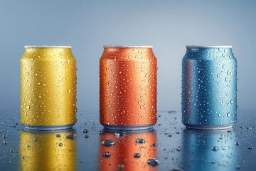 Poster - Refreshing trio of colorful aluminum cans with water droplets against a cool background creating a vibrant and thirst quenching visual perfect for beverage advertising
