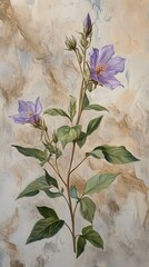 Poster - Elegant floral artwork showcasing a delicate purple hibiscus with green leaves against a textured background creating a serene and artistic botanical illustration