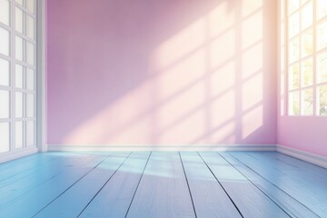 Poster - Pastel room interior with pink wall and blue wooden floor bathed in sunlight through window creating soft shadows and a serene bright atmosphere for creative designs